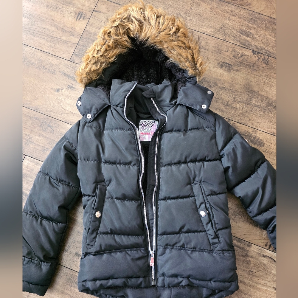 Kensie Black‎ Puffer Jacket with Tan Faux Fur Sz 7-8
